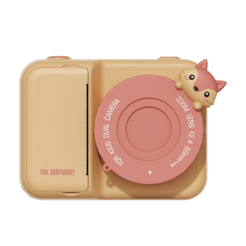 zoo print fox digital kids camera, front view with lenscover