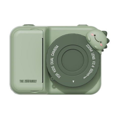 zoo print dino green digital kids camera, front view with lenscover